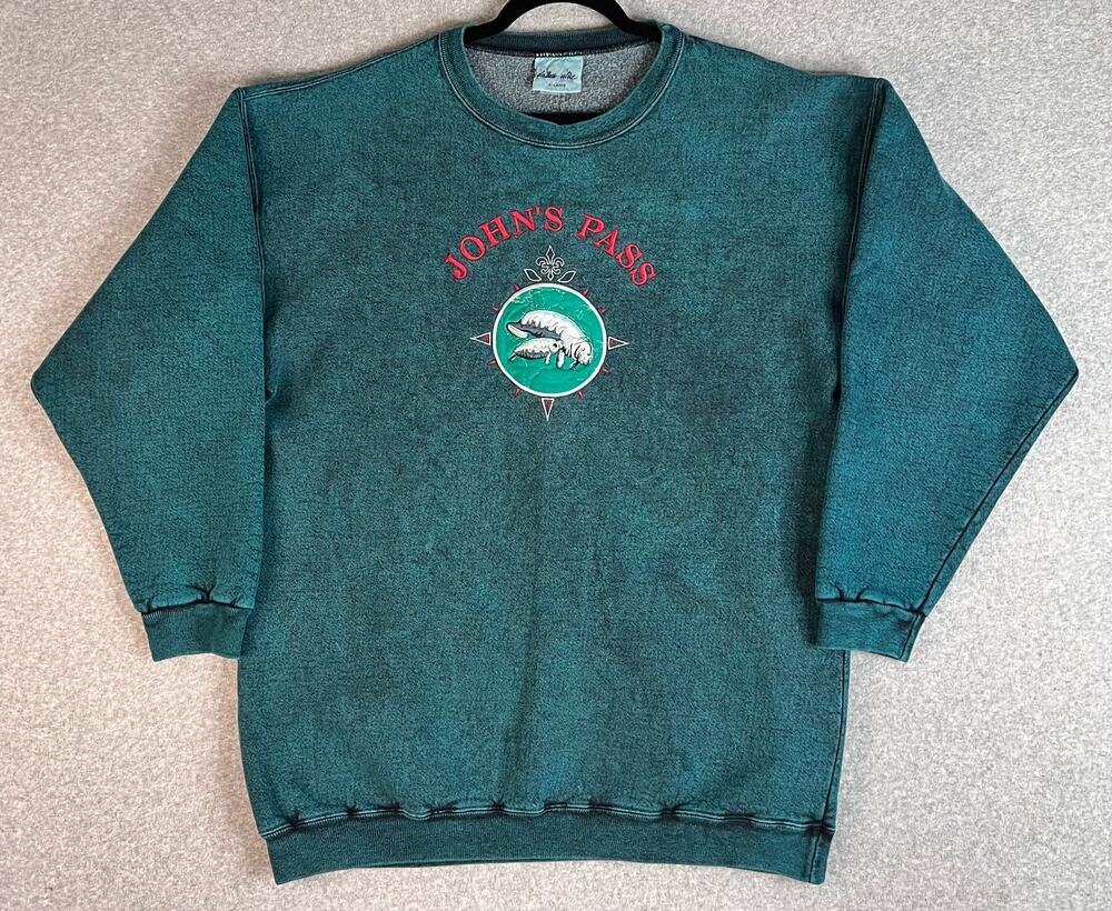 John’s Pass Men’s XL Manatee Graphic Sweatshirt Vintage USA Made Green